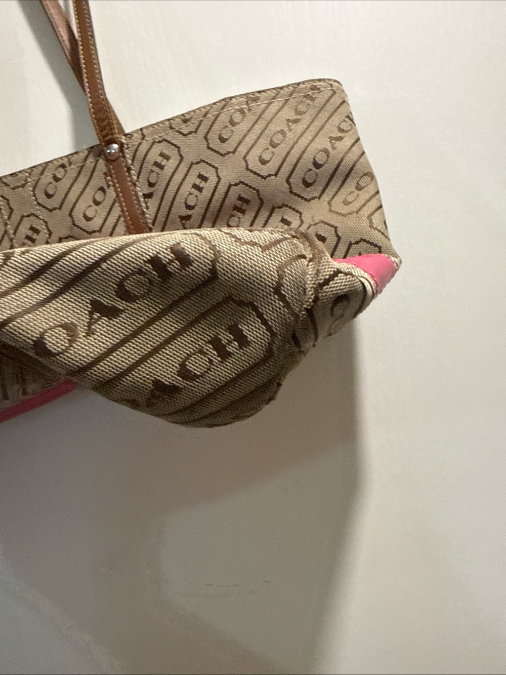 Coach Brown Logo Tote with Pink Accent Stripe - Picture 7 of 14